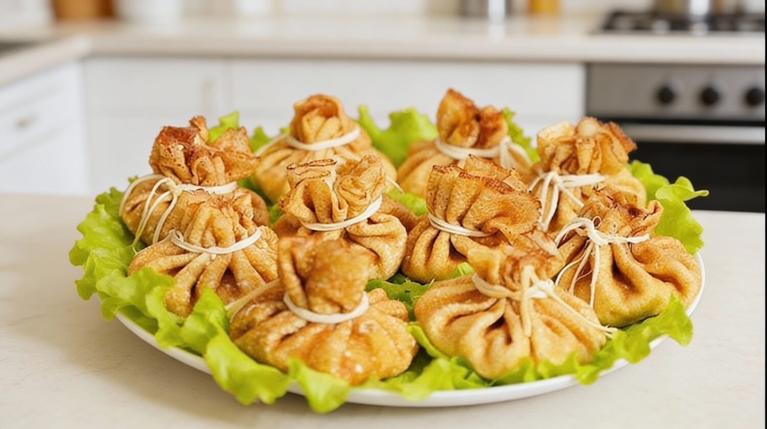 Вкусный куриный жюльен в мешочках из блинов